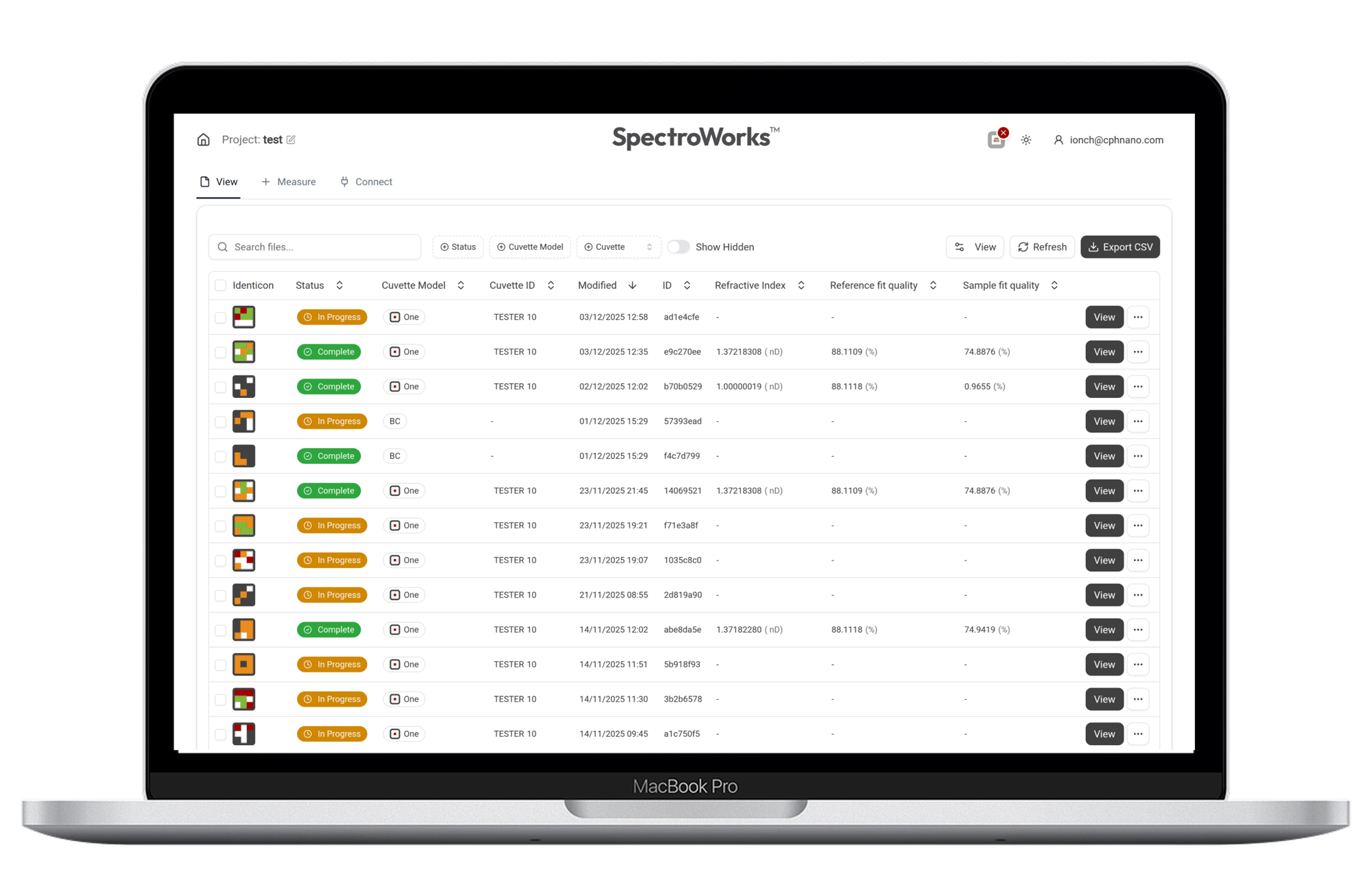 SpectroWorks vie page shown from a laptop perspective
